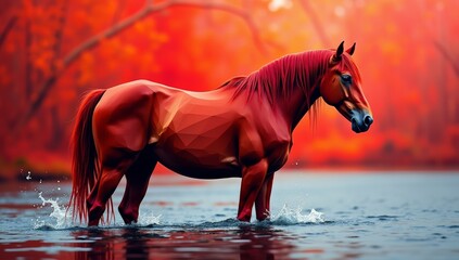 Polygonal Red Horse in Water Low Poly Geometric Animal Digital Art Landscape with Reflections and Sunset_9