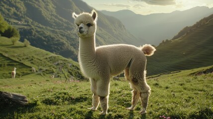 Obraz premium Cute Alpaca Standing in Green Mountain Valley During Sunset