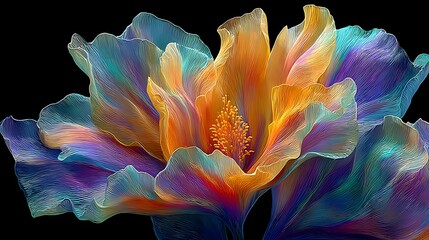 Vibrant abstract flower design with colorful layered petals. Artistic botanical illustration for textile patterns or creative decor.