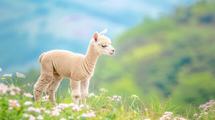 Fototapeta premium Cute Baby Alpaca Standing in Green Meadow with Flowers and Scenic Background
