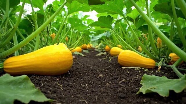 Yellow squash growing in a lush garden bed surrounded by green leaves and vines