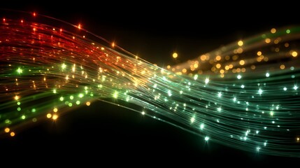 High speed data transmission through glowing fiber optic cables with blue and violet light trails.