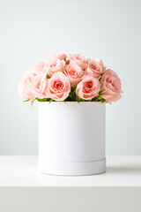 Elegant arrangement of pale pink roses in a white mockup round box