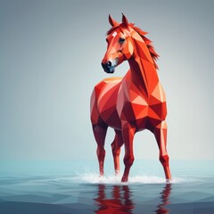 Red Polygonal Horse in Water Low Poly Geometric Animal Digital Art Sunset Reflection River Landscape_3
