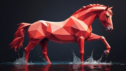 Red Polygonal Horse in Water Low Poly Geometric Animal Digital Art Sunset Reflection River Landscape_6