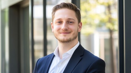 portrait of a young professional man radiating confidence and approachability in an urban setting with natural lighting and architecture