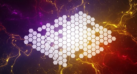 Hexagonal network against luminous cosmic plasma background rendering