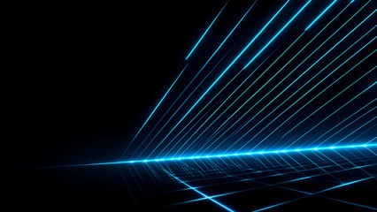 右方向へ鋭く伸びる青いデータラインの束とスピード感の背景