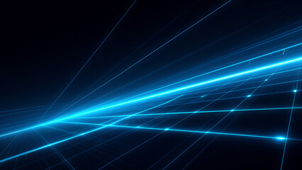 遠近感のある青いグリッドの地平線とデジタル空間の抽象背景