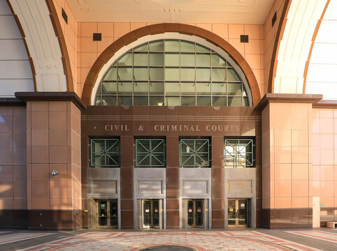Main entrance to the Judge Daniel T. K. Hurley Main Courthouse, Civil and Criminal Division in West Palm Beach, Florida, USA.