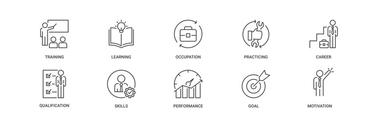 On The Job Training (OJT) icon set containing training, learning, occupation, practicing, career, qualification, skills, performance, goal and motivation vector icons