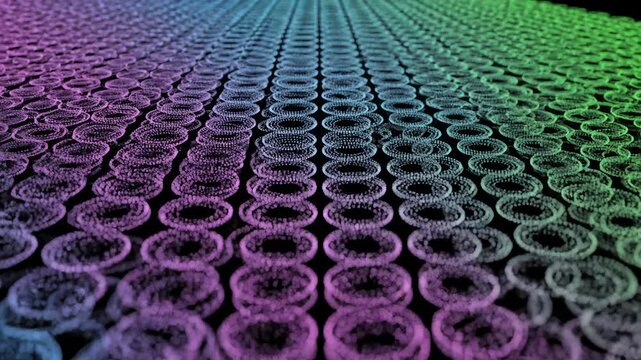 Abstract Mesh of Pink, Blue and Green Rings Moving in Parallel