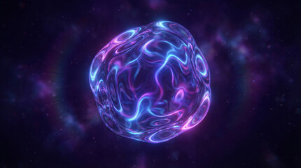 Abstract glowing sphere with swirling blue and purple neon lines in a cosmic, starry background, depicting energy and futuristic art.