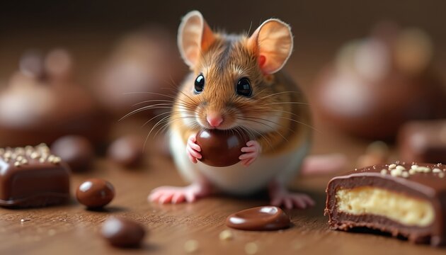 Small brown mouse eats chocolate candy ball. Cute rodent sits on wooden table surrounded by assorted sweets and treats. Adorable animal enjoys dessert, selective focus.