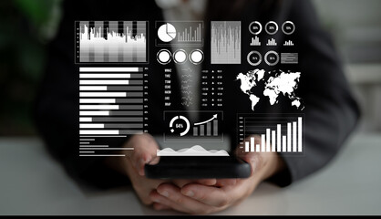 A professional examines business analytics on a smartphone, showcasing various graphs and charts against a sleek office backdrop, emphasizing data-driven decisions. Impute