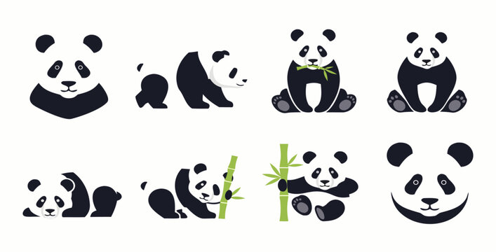 Collection of cute panda bears in various poses and activities, illustrated in a simple style