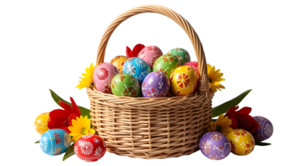 Happy easter isolated on transparent background colorful eggs basket with flowers