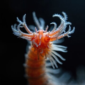 Nereis worm closeup with orange body and feathery antennae. Small marine invertebrate with red eyes moves through dark water. Underwater creature crawls on seabed.