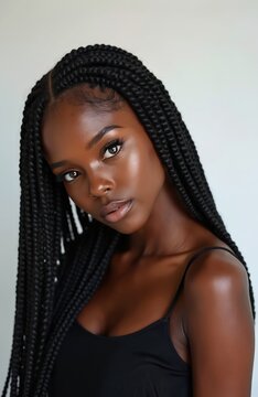 Young Black woman with long dark box braids wears simple black tank top. She has clear skin and light makeup posing against a plain white background. Her gaze is direct and soft.