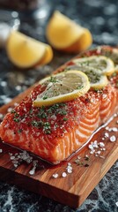 Top view of salmon fillet and lemon slices on luxury whole grain cutting board with countertop background