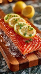 Top view of salmon fillet and lemon slices on luxury whole grain cutting board with countertop background