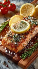 Top view of salmon fillet and lemon slices on luxury whole grain cutting board with countertop background