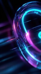 A floating holographic castle symbol, composed of bright blue and purple neon lines, slowly rotates in a dark space.