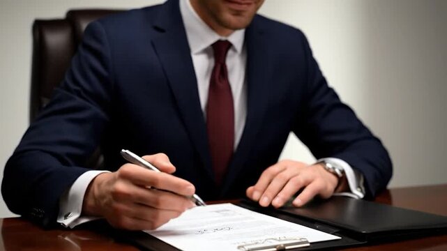 A person in a suit signs a document on a wooden desk