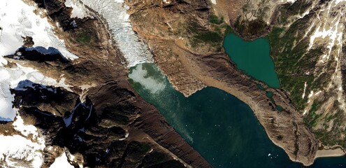 Satellite view of Greenland Arctic landscape with melting glaciers and rocky tundra