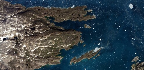 Satellite view of Greenland Arctic landscape with melting glaciers and rocky tundra