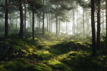 Obraz premium Misty forest with sunlight illuminating mossy ground
