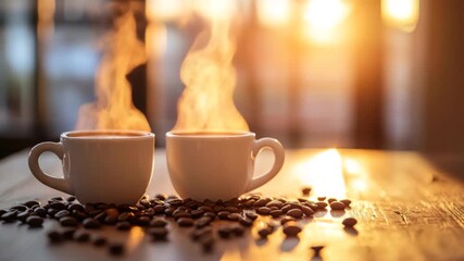 Steaming Coffee Cups with Beans in Warm Morning Light - Powered by Adobe