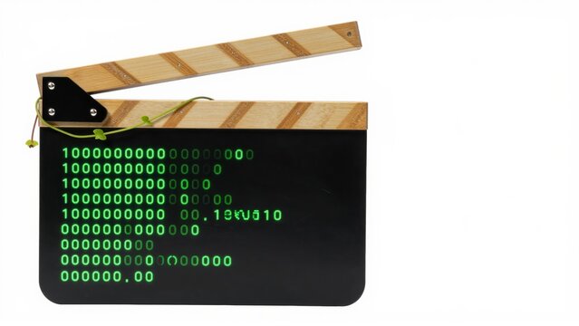 A filmmaking clapperboard displays glowing green digital code on its surface