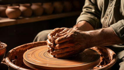 Close up of artisan hands expertly shaping wet clay on spinning pottery wheel demonstrating traditional craft skill in dimly lit workshop