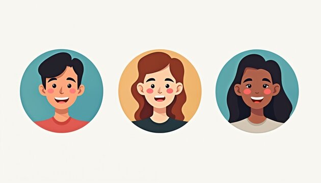 Three diverse people portraits shown in circles. Happy faces represent different genders and ethnicities. Flat design style avatars for user profiles or team.