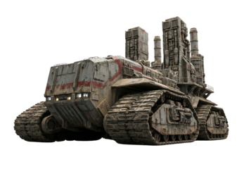 Massive mobile industrial refinery vehicle on tracks. Sci-fi heavy machinery fortress.