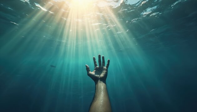 Man submerges in deep blue ocean water, arm reaches up towards sunbeams penetrating water surface. Underwater scene symbolizes struggle, hope, and survival.