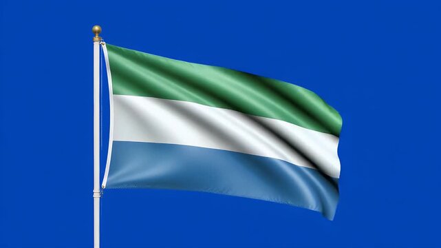 Sierra Leone flag waving proudly against blue screen background, symbolizing national pride and patriotism on a breezy day, perfect for travel content