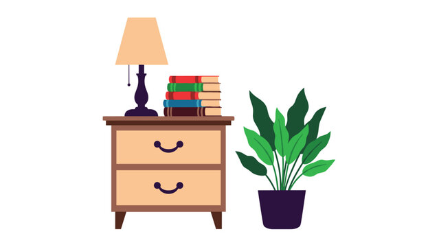 Cozy home interior illustration featuring a wooden bedside table with a lamp and books next to a lush green potted plant on white.