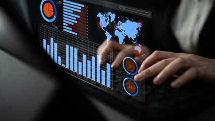 A business professional engages in data analysis using a laptop, featuring colorful graphs and a world map, perfect for presentations and financial insights. Impute