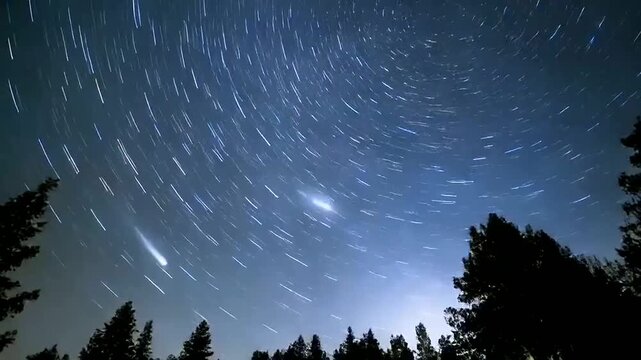 Stunning night sky time lapse with comets and star trails over a forest.