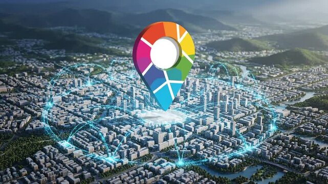 Abstract location marker superimposed on a detailed cityscape