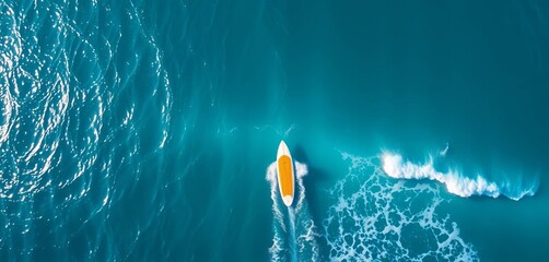 Aerial view of a surfboard on a vibrant blue ocean, paddling towards breaking waves Capturing the thrill and freedom of the ultimate aquatic pursuit,  power,  drone