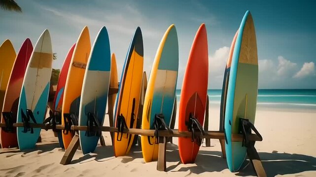Colorful Surfboards Lined Up on a Sunny Tropical Beach.