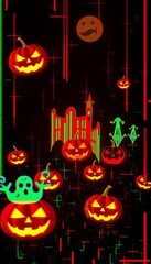 Creepy glitch art with eerie Halloween symbols, distorted pumpkins and ghosts,  glitch,  monster
