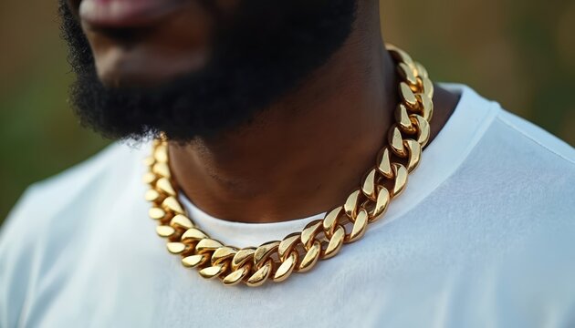 Man wears thick gold chain necklace over white t shirt. Closeup portrait shows his beard and neck detail, outdoor setting with blurred green background. Shiny metal accessory.