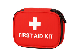 Fototapeta premium Red first aid kit for emergency medical care concept