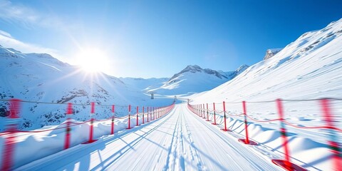Dynamic view of vibrant alpine ski gates delineating a fast descent on a pristine snow-covered mountain, ready for speed,  slalom,  equipment