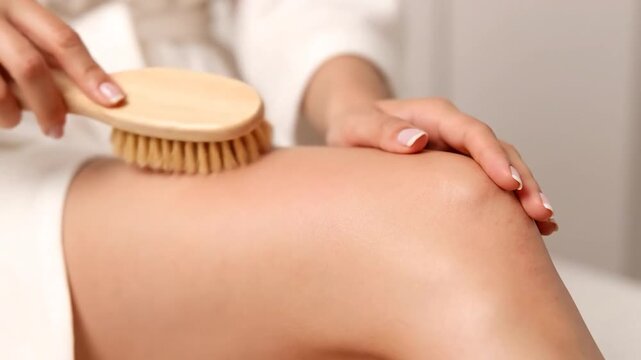 Close-up on leg massage with natural bristled brush