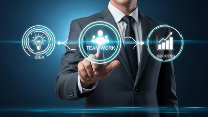 Businessman Touching Teamwork and Success Icons on Digital Interface